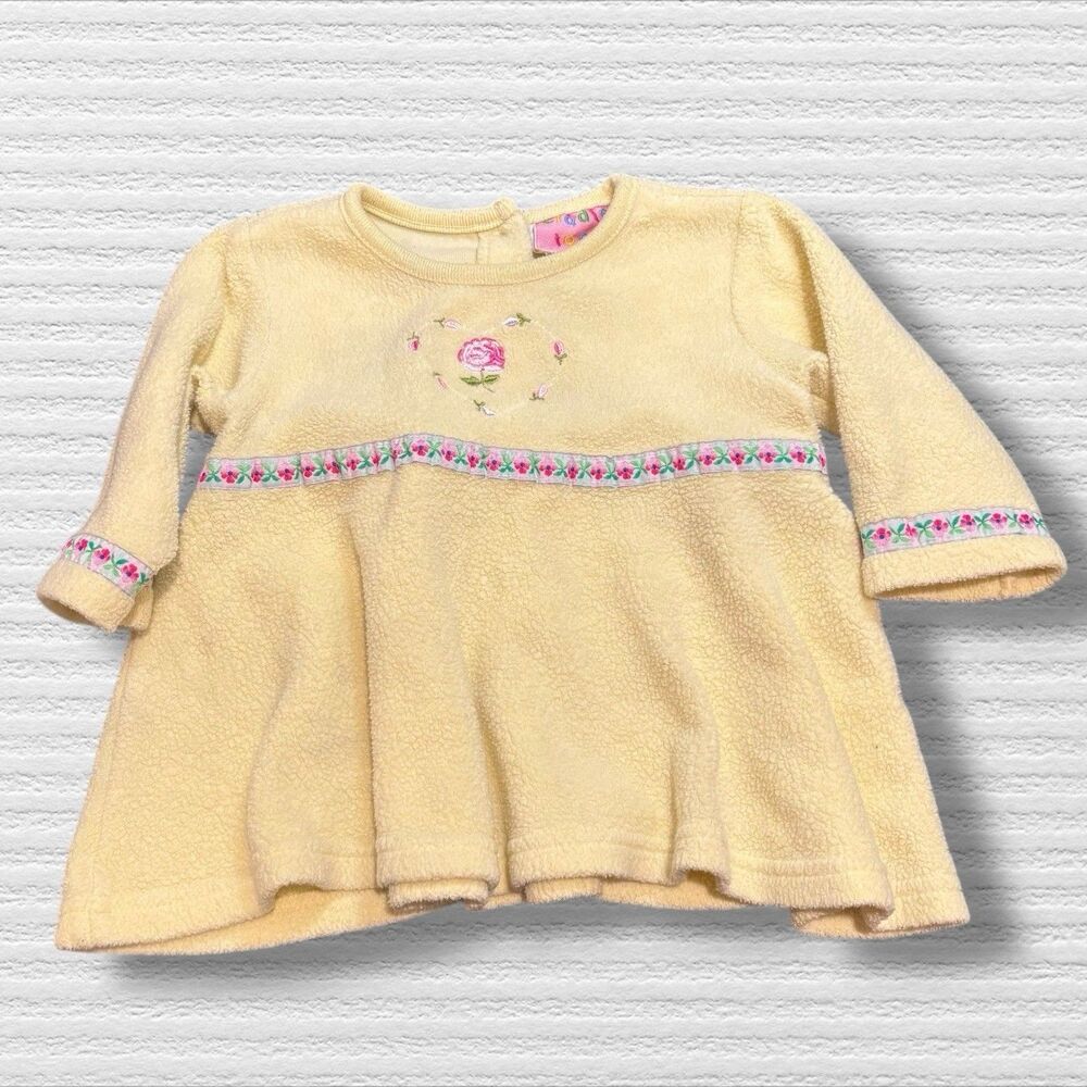 Vintage Y2K Cradle Togs Baby Girl Fleece Top 12M Yellow Floral Embroidered Tunic